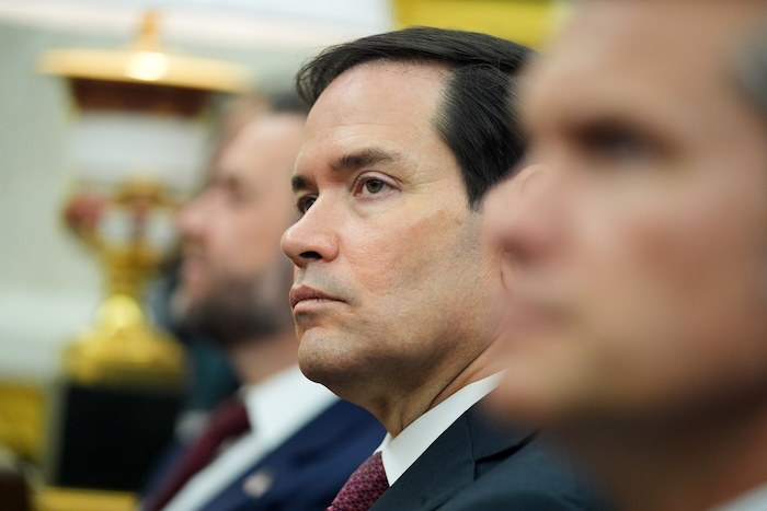 FILE - Secretary of State Marco Rubio listens during a meeting between President Donald Trump and Turkish President Recep Tayyip Erdogan in the Oval Office of the White House, Thursday, Sept. 25, 2025, in Washington. (AP Photo/Evan Vucci, File)