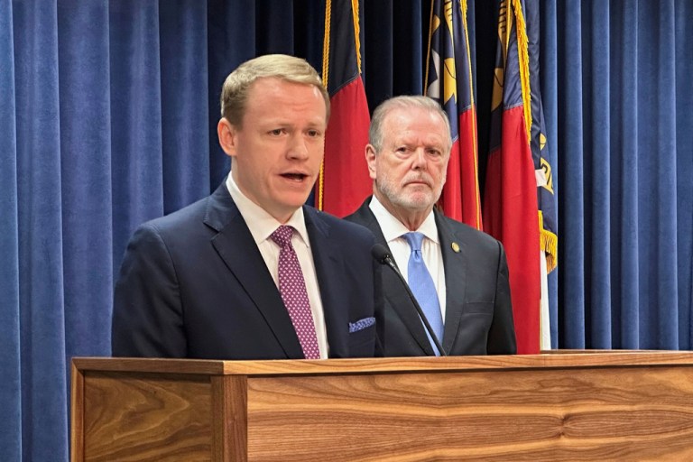 North Carolina Republican state House Speaker Destin Hall and Republican state Senate leader Phil Berger.