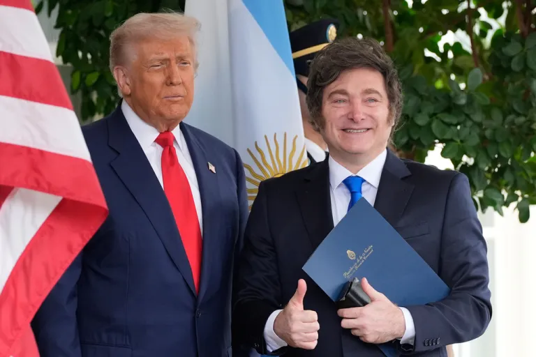 President Donald Trump greets Argentine President Javier Milei at the White House.