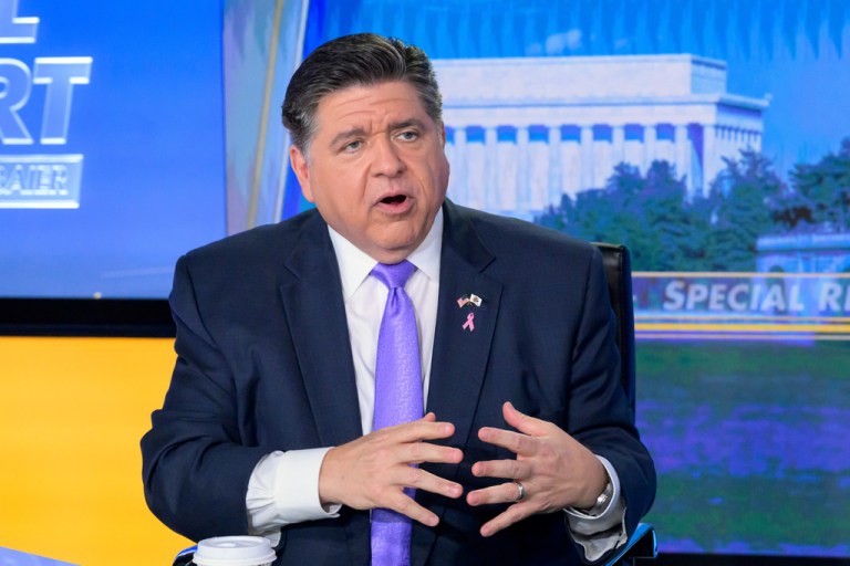 Illinois Gov. JB Pritzker speaks during a taping of Fox News Channel's Special Report with Bret Baier at their Washington bureau, Thursday, Oct. 23, 2025, in Washington. (AP Photo/Rod Lamkey, Jr.)