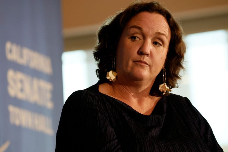 Rep. Katie Porter speaks at a town hall hosted by the advocacy group March For Our Lives at East LA College. (Robert Gauthier/Los Angeles Times via Getty Images)