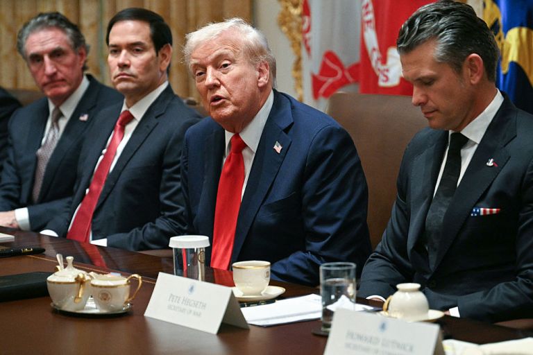 US President Donald Trump speaks, alongside L/R Secretary of the Interior Doug Burgum, Secretary of State Marco Rubio, and Secretary of Defense Pete Hegseth, during a cabinet meeting in the Cabinet Room of the White House in Washington, DC, on October 9, 2025. Trump said Thursday he would try to go to Egypt for the signing of a Gaza ceasefire and hostage release deal between Israel and Hamas. (Photo by Jim WATSON / AFP) (Photo by JIM WATSON/AFP via Getty Images)