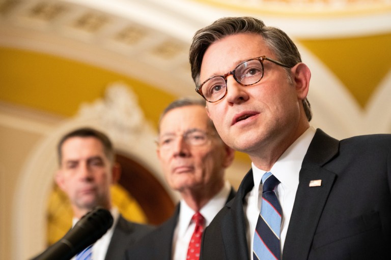 Mike Johnson stands alongside other Republicans.
