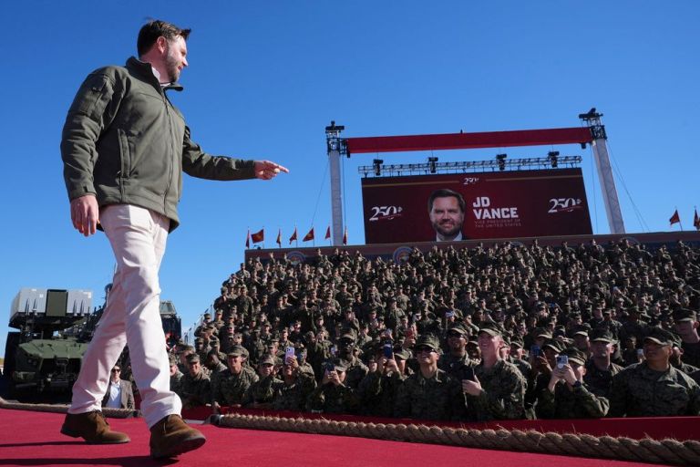 JD Vance takes the stage at a Marines anniversary event.