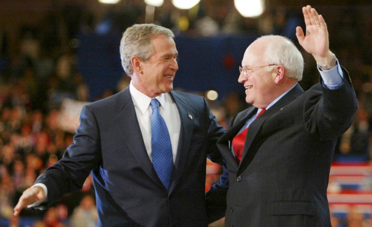 FILE - President Bush and Vice President Dick Cheney embrace following President Bush's acceptance speech in Madison Square Garden during the final night of the Republican National Convention Thursday, Sept. 2, 2004, in New York.