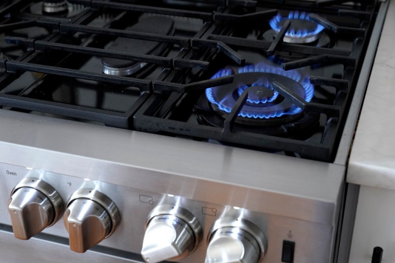 Flames emerge from burners on a natural gas stove, Wednesday, June 21, 2023, in Walpole, Mass. (AP Photo/Steven Senne)