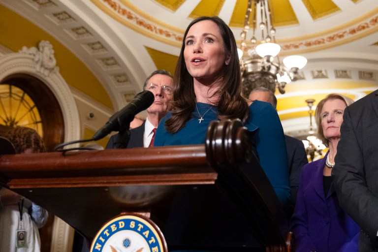 Sen. Katie Britt, R-Ala., speaks to reporters on Capitol Hill, Jan. 14, 2025, in Washington
