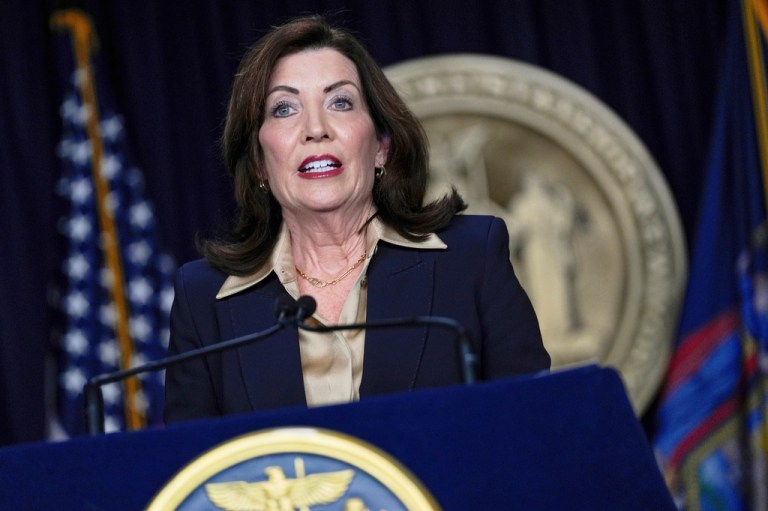 Gov. Kathy Hochul (D-NY) speaks at a news conference.