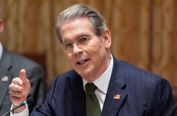 Treasury Secretary Scott Bessent speaks as President Donald Trump meets with Argentina's President Javier Milei in the Cabinet Room of the White House, Tuesday, Oct. 14, 2025, in Washington.