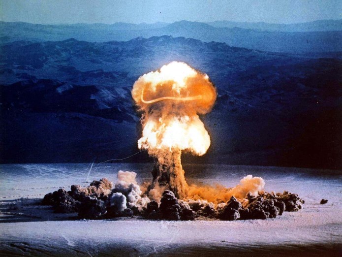 A mushroom cloud rises from a test blast at the Nevada Test Site on June 24, 1957. (U.S. Energy Department via AP, File)