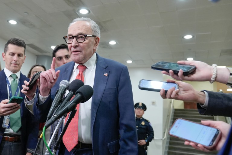 Senate Minority Leader Chuck Schumer (D-NY) speaks with reporters.