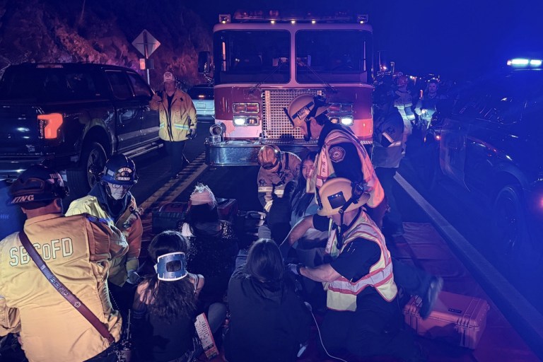 The sight near Running Springs, California, where a bus overturned.