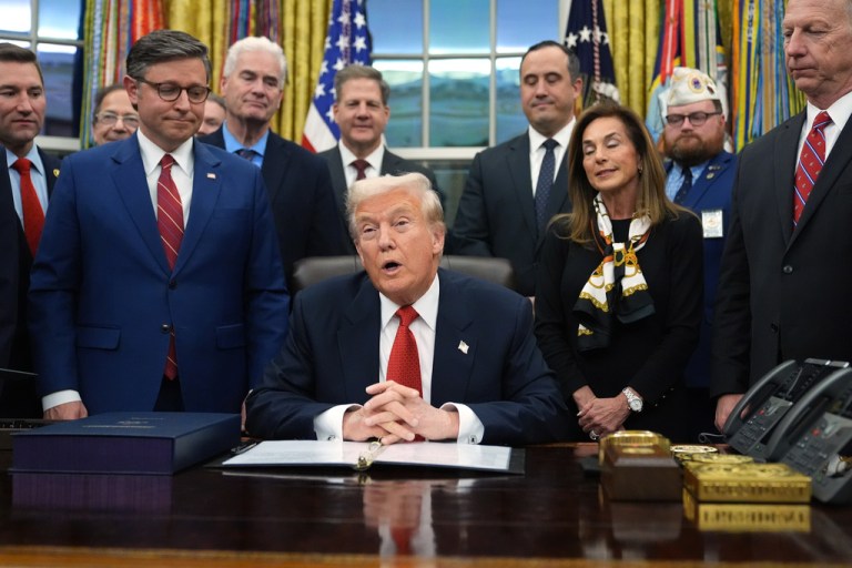 President Donald Trump speaks before signing the funding bill to reopen the government, in the Oval Office of the White House, Wednesday, Nov. 12, 2025, in Washington.