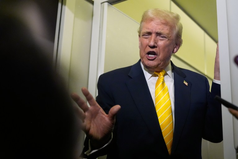 President Donald Trump speaks to reporters