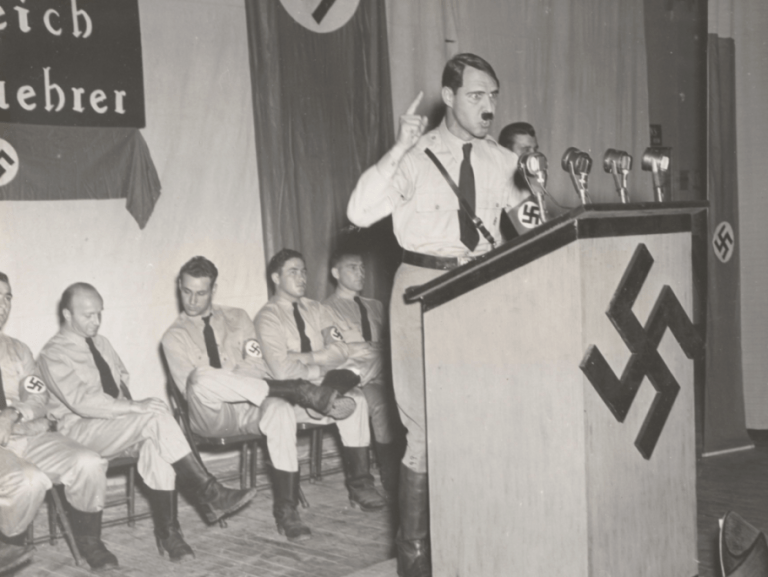 An actor plays German dictator Adolf Hitler during World War II training at Camp Ritchie.