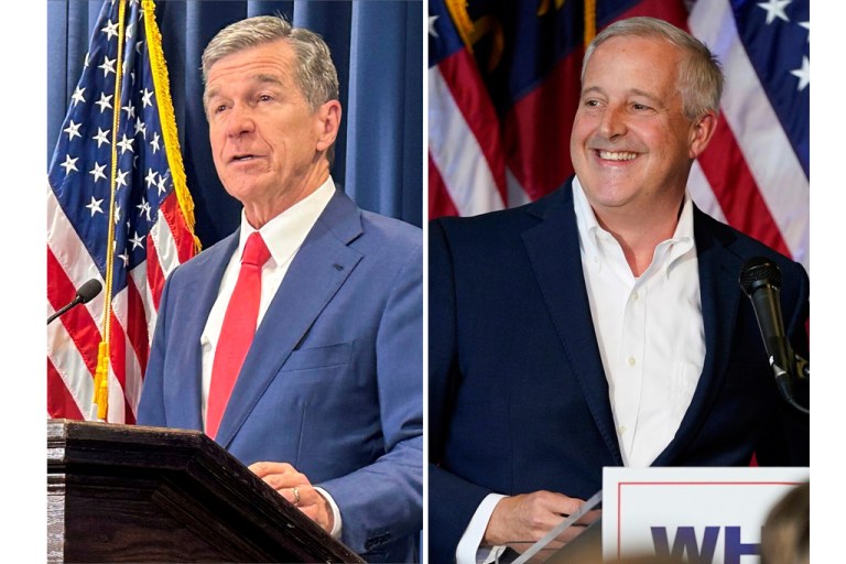 This photo combination shows North Carolina Gov. Roy Cooper, in Raleigh, N.C., Oct. 23, 2024, left, and Republican National Committee Chairman Michael Whatley, in Gastonia, N.C.
