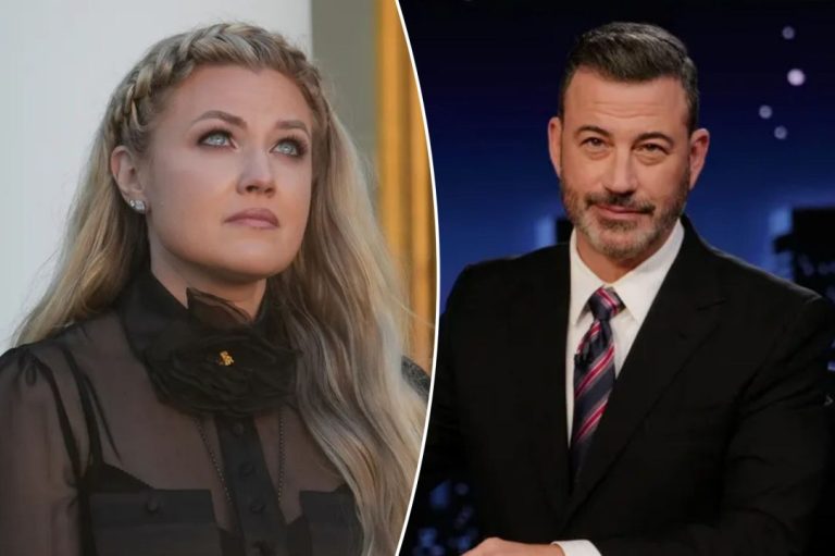 A collage of Erika Kirk and Jimmy Kimmel.