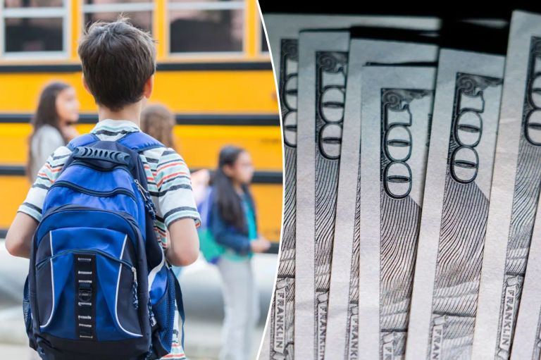 A collage of a student standing in front of a school bus and $100 bills.