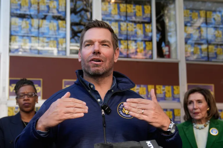 Rep. Eric Swalwell (D-CA) speaks to reporters after a 2025 campaign event in San Francisco.