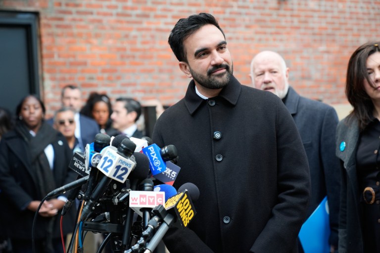 Zohran Mamdani speaks to reporters.