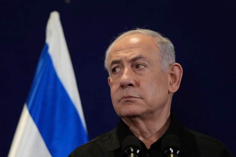 Israeli Prime Minister Benjamin Netanyahu attends a joint press conference with German Chancellor Olaf Scholz.