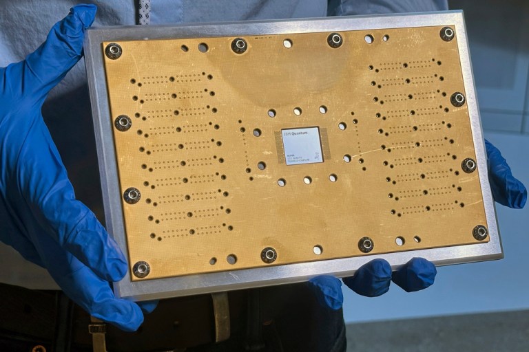 An IBM Heron quantum processor chip is in a circuit board at IBM headauarters in Yorktown Heights, New York, on Wednesday, March 5, 2025.