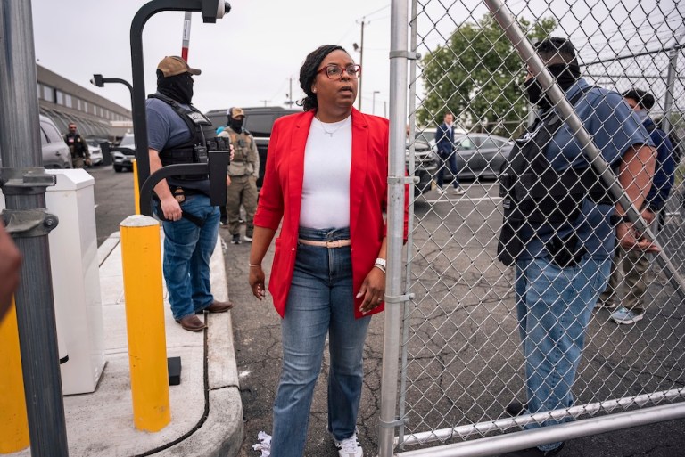 Rep. LaMonica McIver (D-NJ) exits the grounds at Delaney Hall ICE detention prison, Friday, May 9, 2025, in Newark, N.J. (AP Photo/Angelina Katsanis)