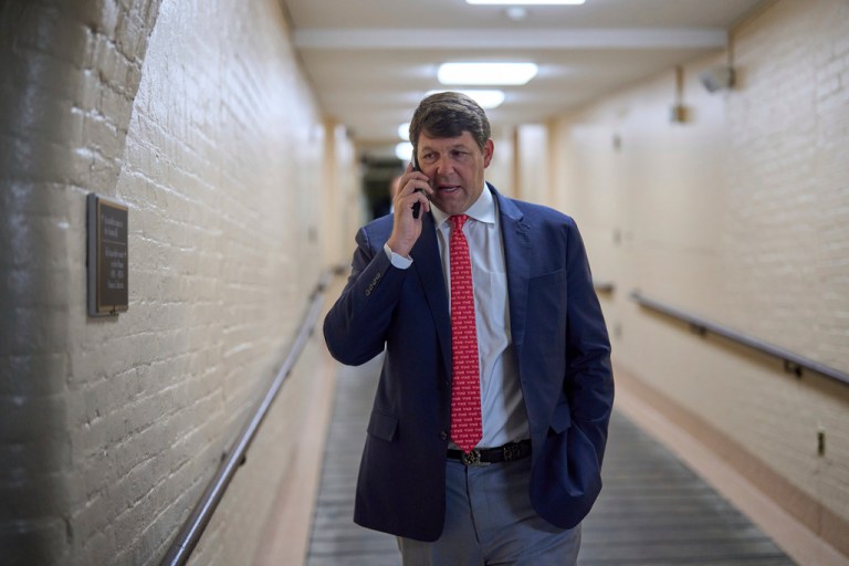 House Budget Committee Chairman Jodey Arrington, R-Texas, arrives to meet with Speaker of the House Mike Johnson, R-La., and fellow Republicans to discuss work on President Donald Trump's bill of tax breaks and spending cuts, at the Capitol in Washington, Wednesday, June 4, 2025. (AP Photo/J. Scott Applewhite)