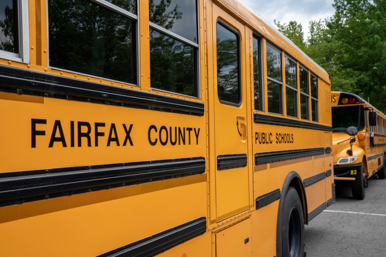 School buses line up outside a Fairfax County middle school in Falls Church, Virginia.