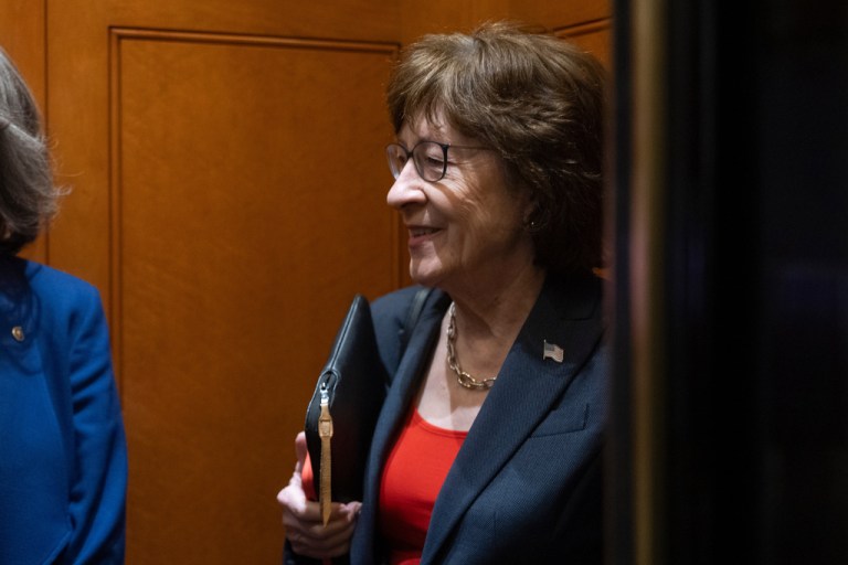 Sen. Susan Collins, R-Maine, speaks to reporters at the Capitol, Wednesday, Oct. 1, 2025, in Washington. (AP Photo/Manuel Balce Ceneta)