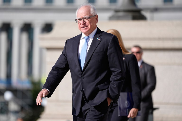 Gov. Tim Walz (D-MN) waits for Crown Prince Haakon of Norway to arrive at the Capitol in St. Paul.