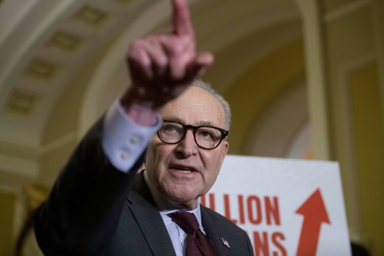 Senate Minority Leader Chuck Schumer, D-N.Y., speaks during the Senate Democrat policy luncheon news conference at the Capitol, Tuesday, Dec. 2, 2025, in Washington