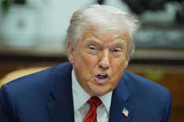 President Donald Trump speaks during a roundtable