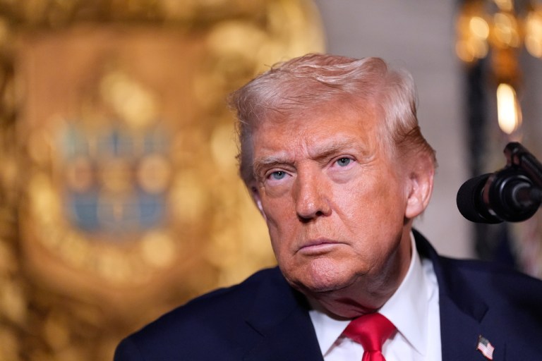 President Donald Trump speaks at his Mar-a-Lago club.