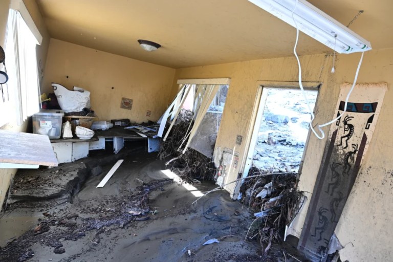A storm-damaged house.