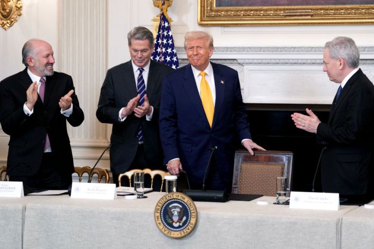 Howard Lutnick, US commerce secretary, from left, Scott Bessent, US treasury secretary, US President Donald Trump, and David Sacks, White House Artificial Intelligence and Crypto czar.