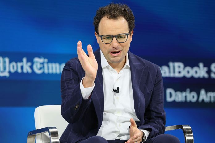 CEO and co-founder of Anthropic Dario Amodei speak onstage during the 2025 New York Times Dealbook Summit at Jazz at Lincoln Center on December 03, 2025 in New York City. NYT columnist Sorkin hosted the annual Dealbook summit which brings together business and government leaders to discuss the most important stories across business, politics and culture. (Photo by Michael M. Santiago/Getty Images)