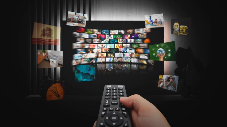 Media concept multiple television screens. Media library streaming service concept