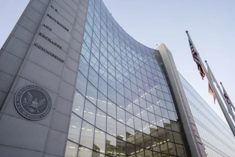 Low angle view of the U.S. Securities and Exchange Commission headquarters building in Washington, D.C., in the evening from 2022.