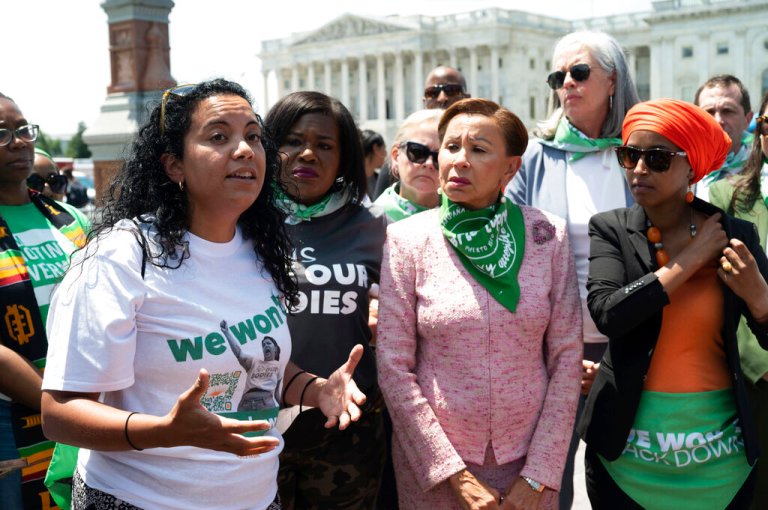 Analilia Mejia, co-executive director of the Center for Popular Democracy Action, speaks at an abortion rights rally.