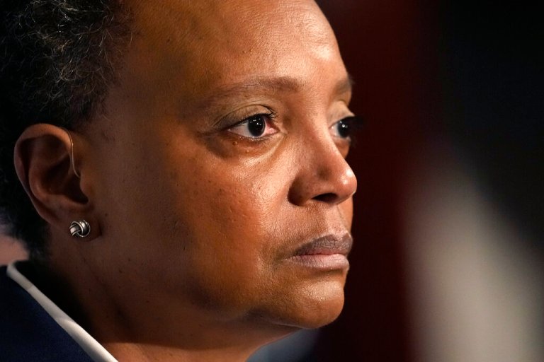 Chicago Mayor Lori Lightfoot pauses during her concession speech during an election night party for the mayoral election.