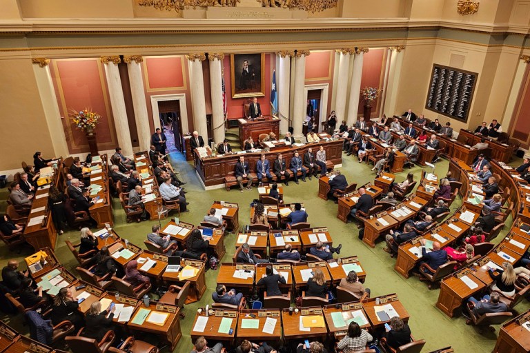 Democrats filled their seats on the left side of the Minnesota House chamber in the state Capitol in St. Paul on Thursday, Feb. 6, 2025, as they ended a boycott that they began Jan. 14 in a power struggle with Republicans. (AP Photo/Steve Karnowski)