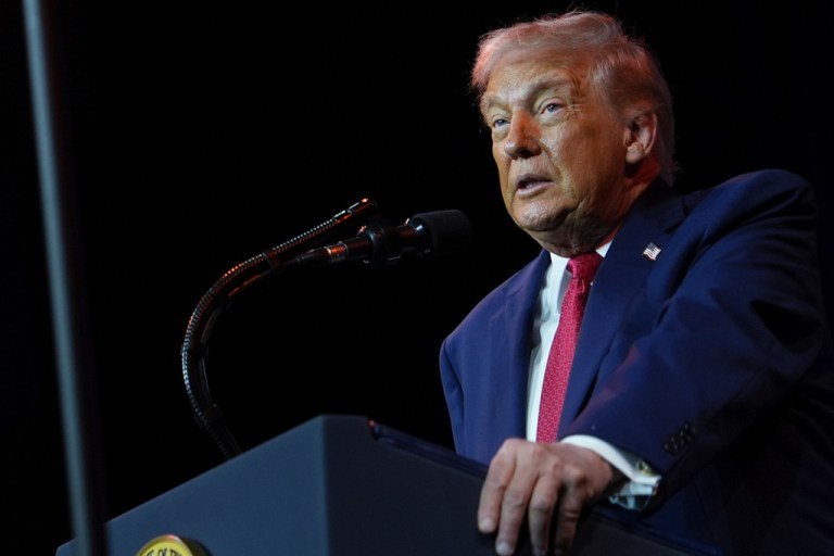 President Donald Trump speaks to House Republican lawmakers during their annual policy retreat.