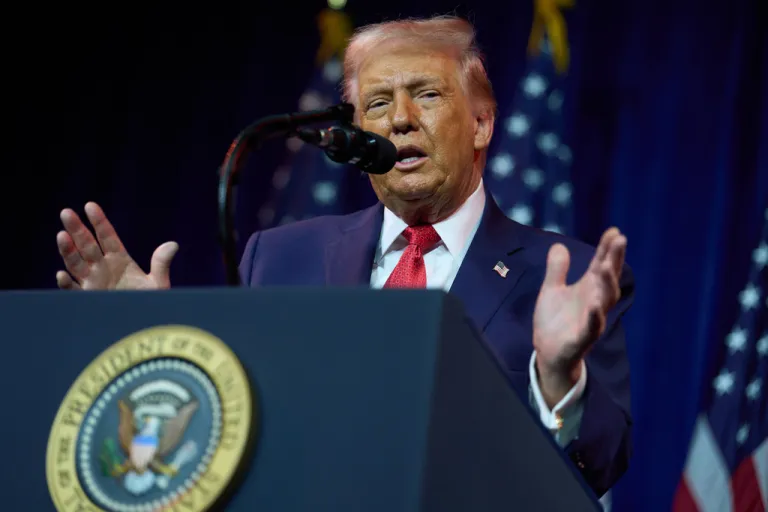 President Donald Trump speaks to House Republican lawmakers during their annual policy retreat.