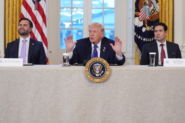 President Donald Trump speaks during a meeting with oil executives.