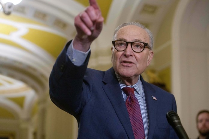 Senate Minority Leader Chuck Schumer, D-N.Y., speaks during the Senate Democrat policy luncheon news conference at the Capitol, Tuesday, Jan. 13, 2026, in Washington