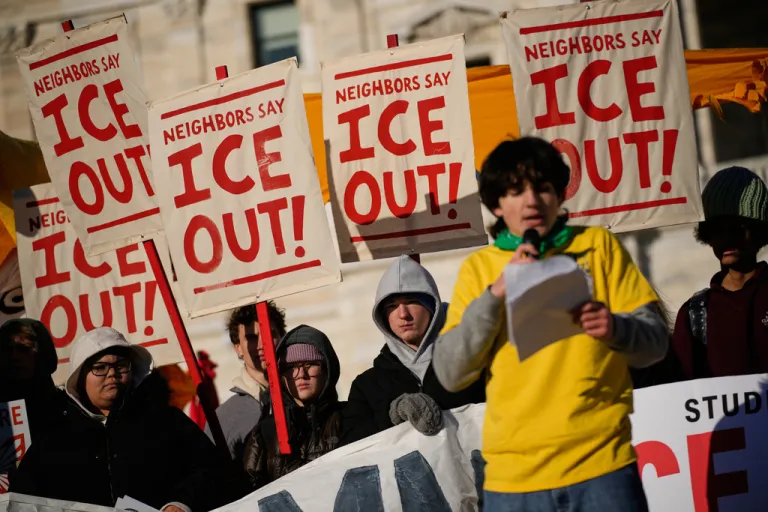 Protesters gather in front of the Minnesota state Capitol on Jan. 14, 2026, in response to the death of Renee Good.