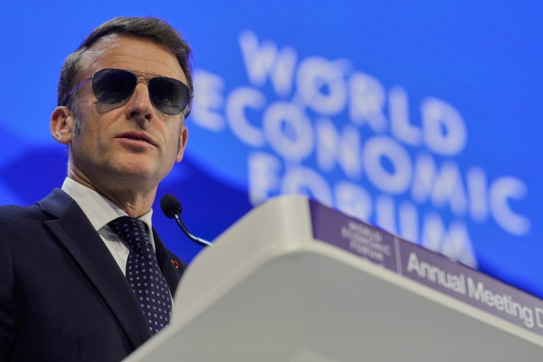 French President Emmanuel Macron speaks during the Annual Meeting of the World Economic Forum in Davos, Switzerland, Tuesday, Jan. 20, 2026. (AP Photo/Markus Schreiber)