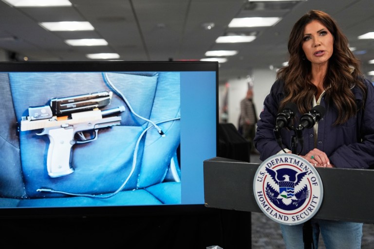 Homeland Security Secretary Kristi Noem speaks about the man in Minneapolis who was killed by a federal immigration officer earlier in the day during a news conference at the Federal Emergency Management Agency headquarters, Saturday, Jan. 24, 2026, in Washington. (AP Photo/Julia Demaree Nikhinson)