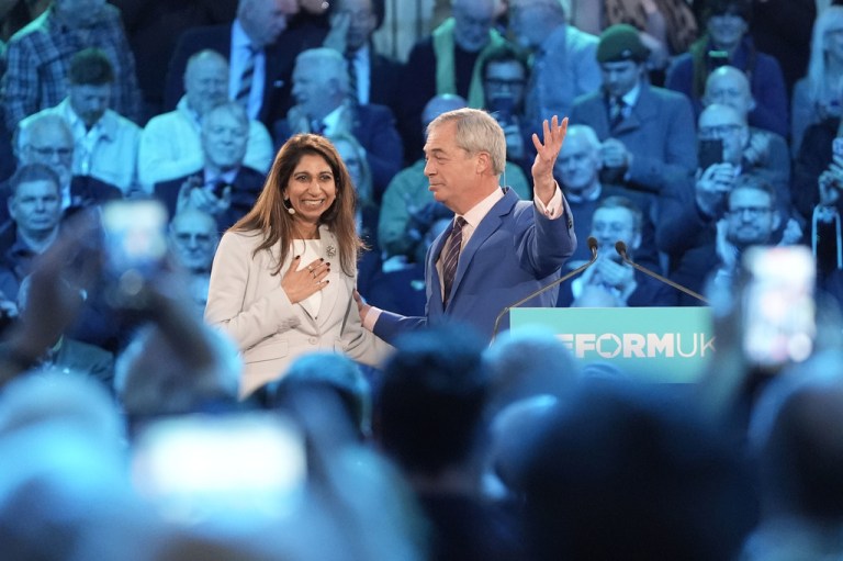 Braverman stand with Reform UK leader Nigel Farage at a political rally in London